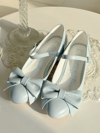 Blue Mid Block Heel Mary Janes in Classic Lolita with Bow at Top & Round Buckle