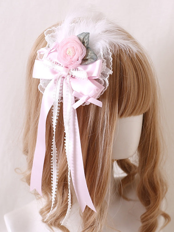 Bowknot Sweet Pink-Purple Feather Hairclip Camellia with Lace Ballet-Style