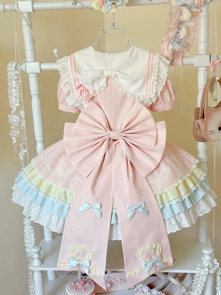 Apron Maid Kitty Pastel Heart Sailor Dress Collar Color with Lolita Sweet