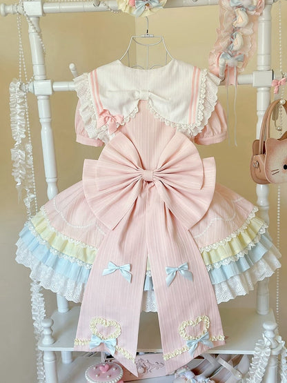 Apron Maid Kitty Pastel Heart Sailor Dress Collar Color with Lolita Sweet