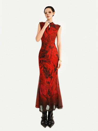 Sleeveless Cheongsam Dress with Oil Painting Horse Pattern