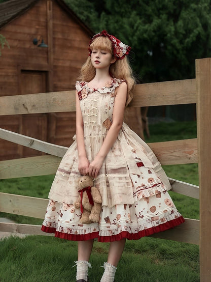 Set Sweet Hamster Triangular Red Cookie Dress Headscarf and Print Lolita Brooches Apron Full + White