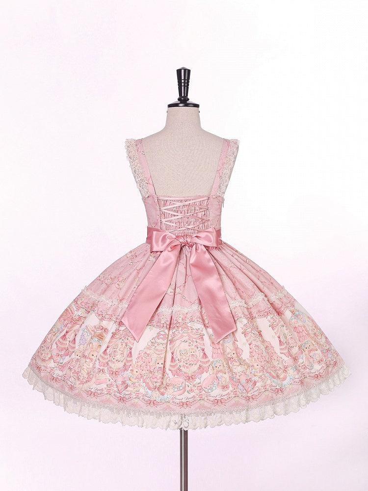 Sweet Pink Doll-Themed Lolita JSK with Bow Accents and Toy Bed Print - Alice Girl