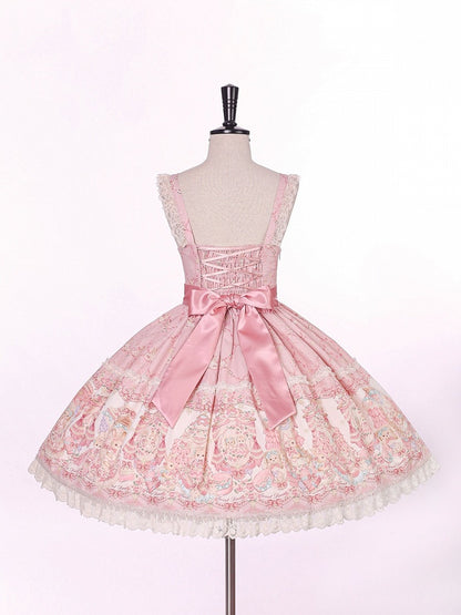 Sweet Pink Doll-Themed Lolita JSK with Bow Accents and Toy Bed Print - Alice Girl