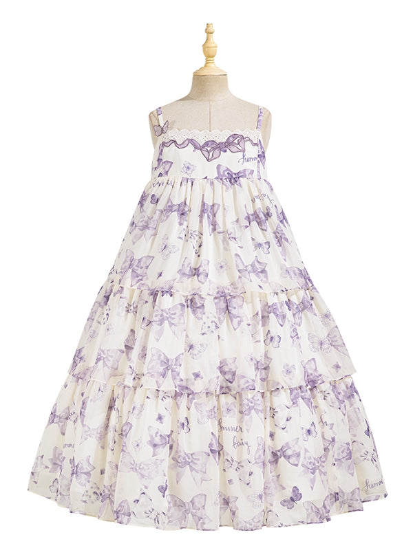 パープルのハイウエストリボンティアードスカートのサマーロリータドレス
