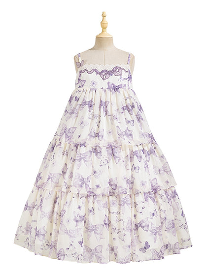 パープルのハイウエストリボンティアードスカートのサマーロリータドレス