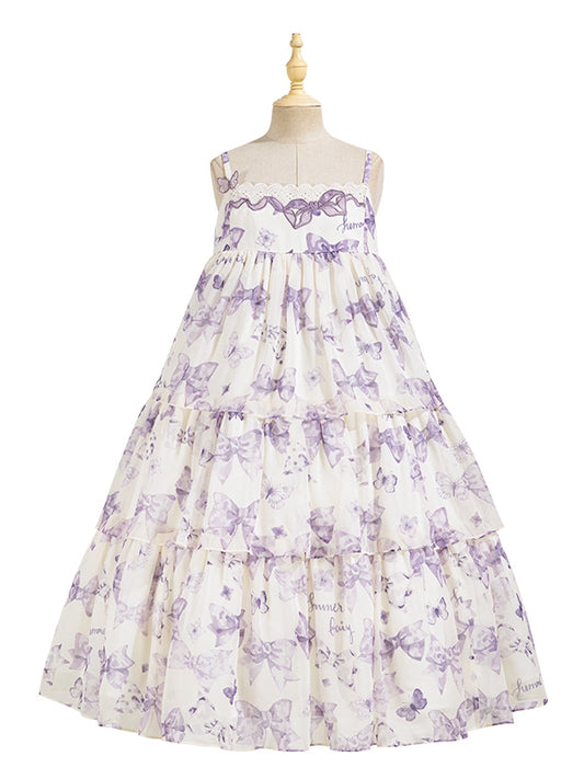 パープルのハイウエストリボンティアードスカートのサマーロリータドレス