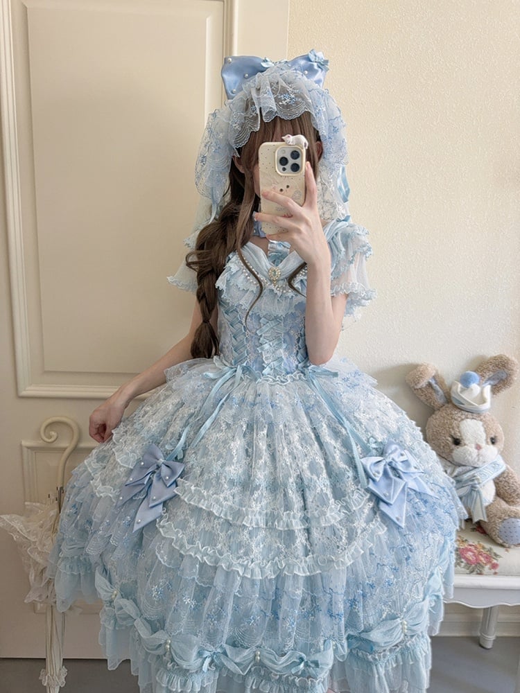 Accents with Lace Hime Blue Bow Dress and Lolita Multi-layer Bead