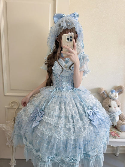 Accents with Lace Hime Blue Bow Dress and Lolita Multi-layer Bead
