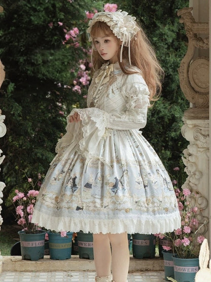 Rabbit Print OP with Detachable Striped Sleeves - Stars Fall on the Foggy Island