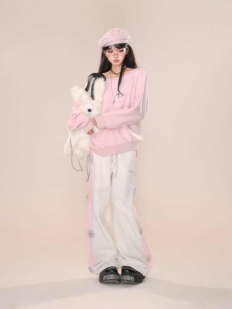 Grau-rosa Hose mit geradem Bein und Blumenmuster