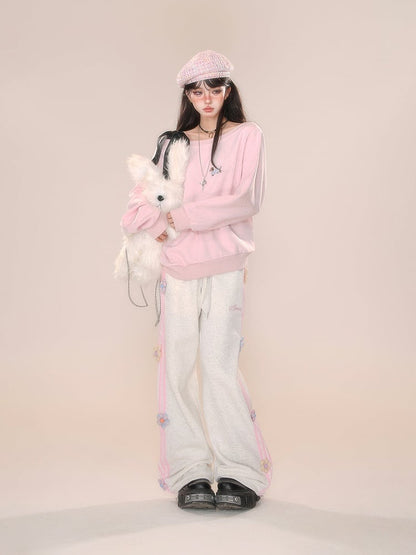 Grau-rosa Hose mit geradem Bein und Blumenmuster