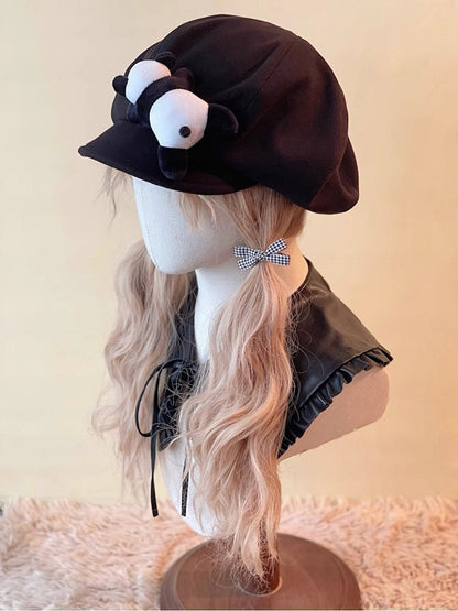 Beret Embellished Panda Plush Black