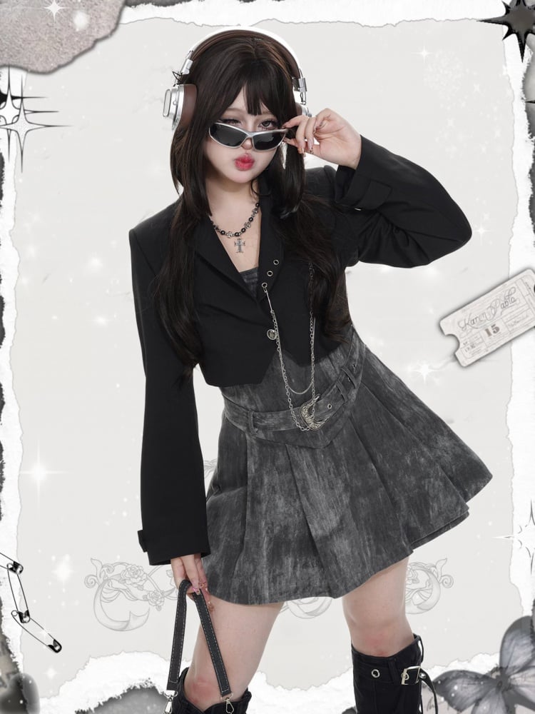 チェーン付きプラスサイズ ブラック クロップド ブレザー