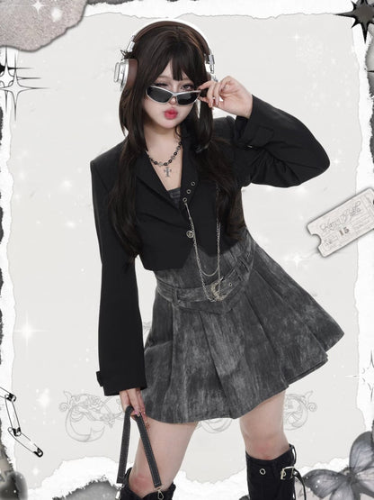 チェーン付きプラスサイズ ブラック クロップド ブレザー