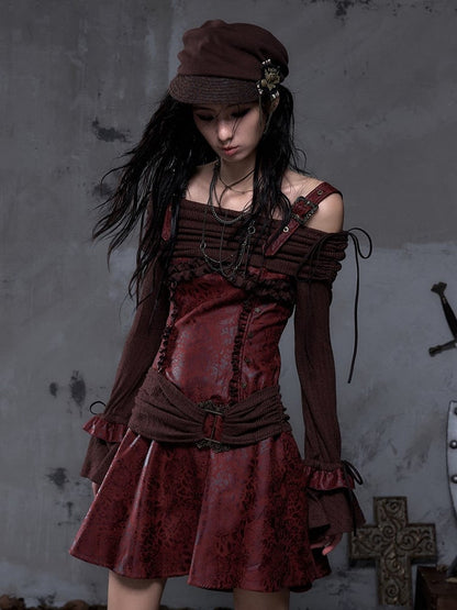 Dress Sleeves Vintage PU Red Brown Punk A-Line Bell Off-Shoulder with Design Knit