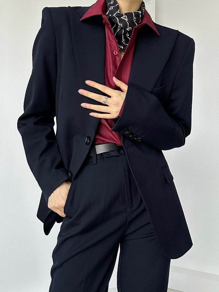 Pocket Chest Lolita Unisex Vintage with Blue Dark Blazer Slim-fitting Ouji