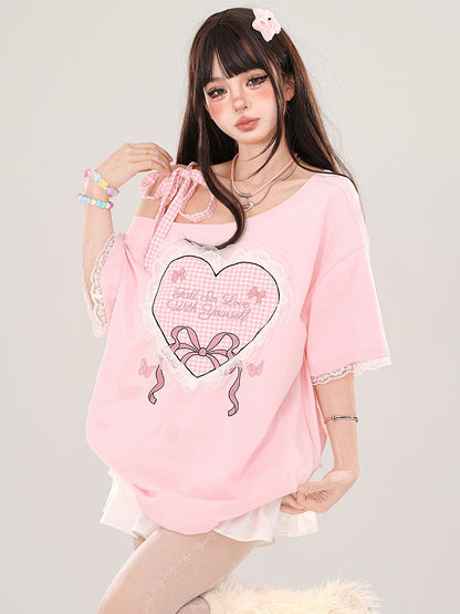 ミルクイエロー/ピンク チェック柄 ハートプリント アシンメトリーネックライン レーストリム Tシャツ