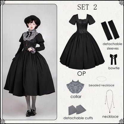 Black Long Version Boned Waist Square Neckline Dress Elegant Lolita Full Set