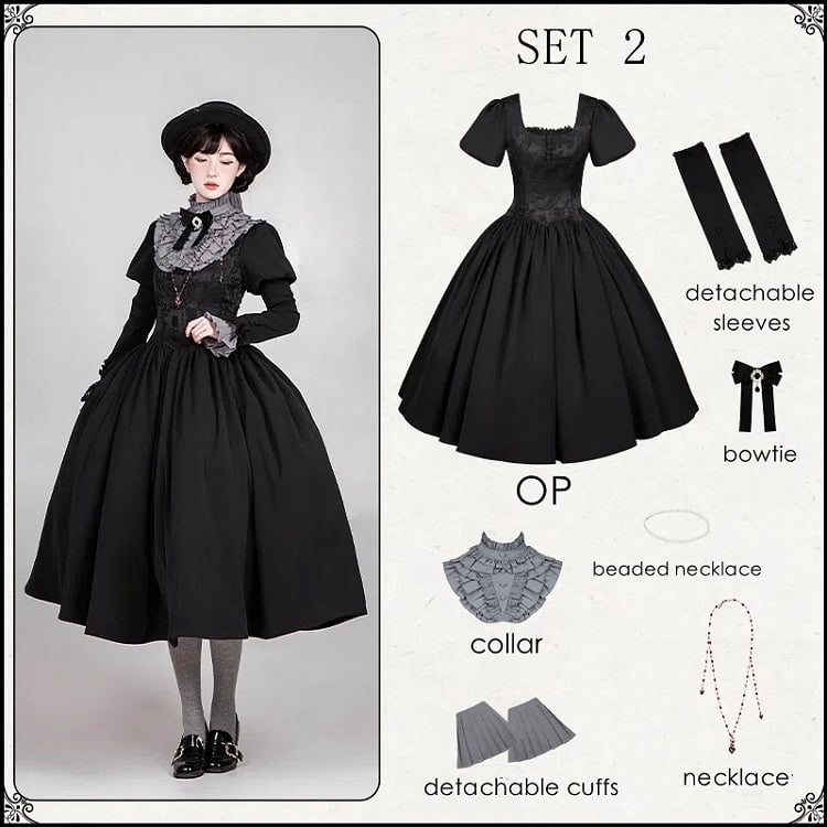 Schwarzes, langes Kleid mit entbeinter Taille und quadratischem Ausschnitt, elegantes Lolita-Komplettset
