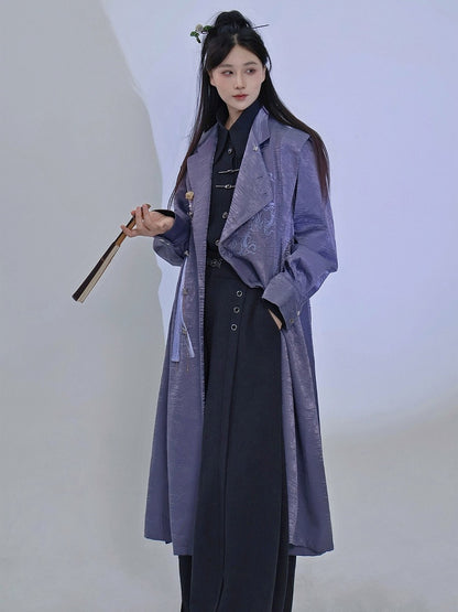 Purple Trench Coat with Dragon Embroidery, Mandarin Collar & Removable Tassel Detail - Feng Hua Gui Guo Ling