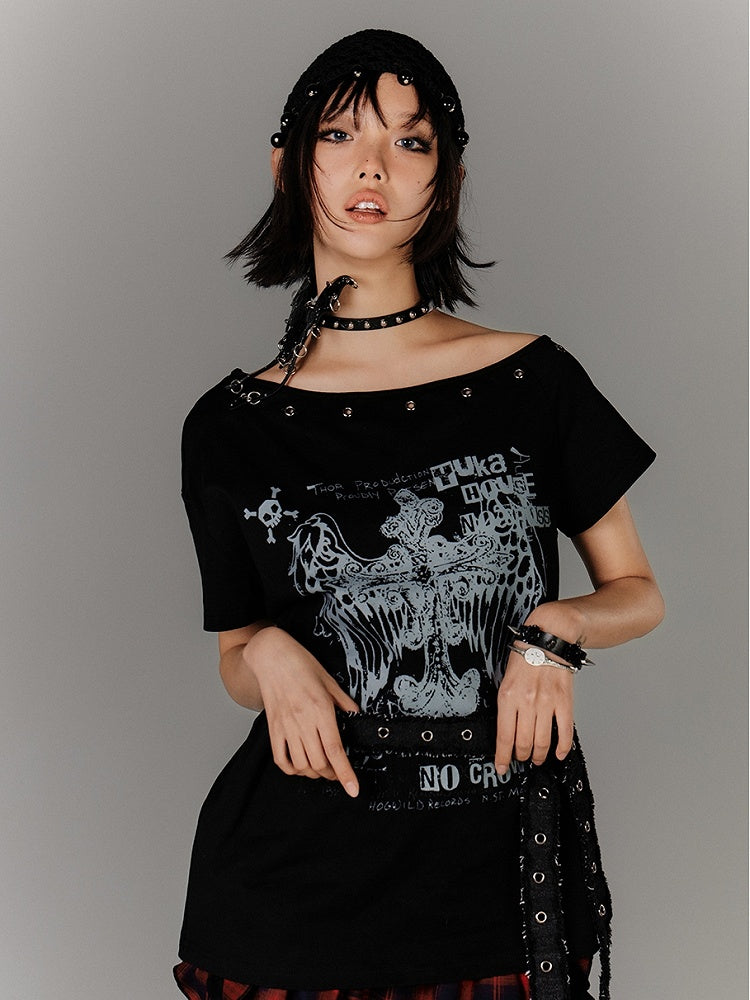 Y2K Black Cross Print Glamorous Belt with Waist T-Shirt