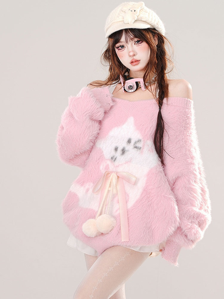 ピンク/ブルーのキュートなキティの蝶結びディテール、ホルターネックのソフトセーター