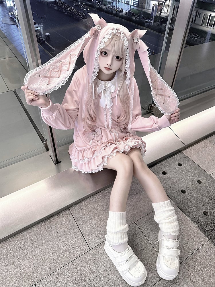 Tiered Pink Sweet | Hoodie Ruffles Kei Dress Heart Pockets Jirai Bunny-Eared