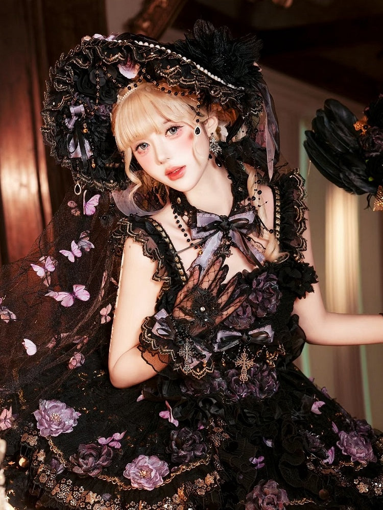 Black & Purple Bowknot Necklace with Bead Chain and Cross Pendant - Cat Fairy Lolita