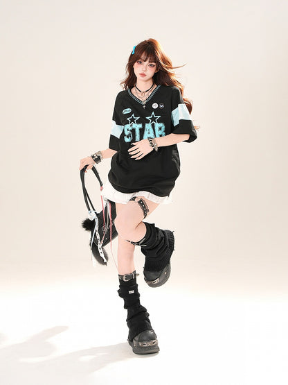 ブラック/ホワイト Vネック レタープリント ブロケット コア Tシャツ