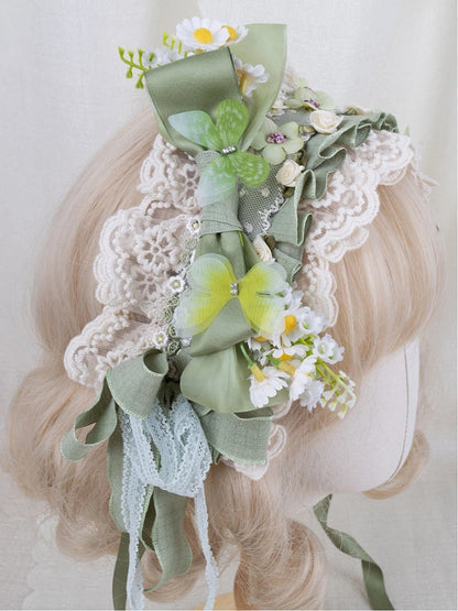 Lolita Butterfly Hairband Green White Daisy Decorated and