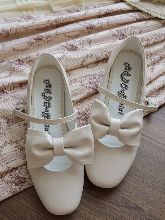 Heart with - Bow Off-white Decor Classic Clasp Mary Heel PU Romantic in Mid Janes