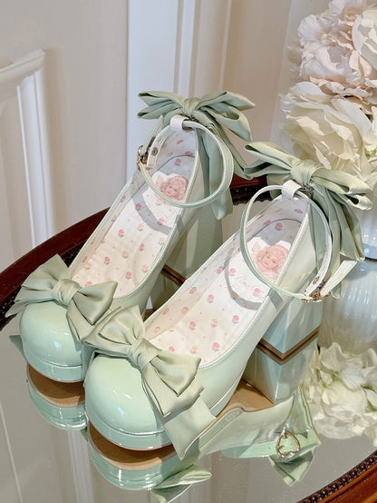 Green Sweet Toe Bowknot Lolita Platform Janes Round Mary Shoes Details