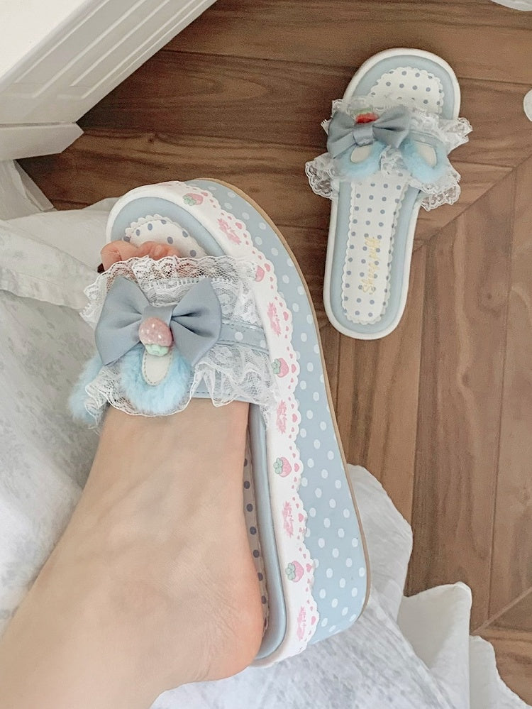 Plush Platform Trim Ear Blue Bunny Slippers Bow Accents Lolita Lace Sweet