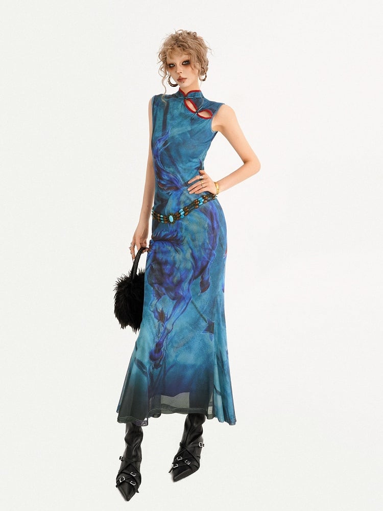 Sleeveless Cheongsam Dress with Oil Painting Horse Pattern