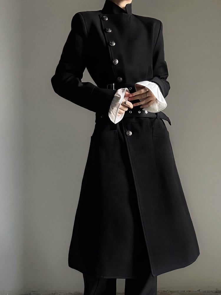 Wear Collar Ouji with Convertible Versatile - Black Open Trench or Coat Lolita Cinched