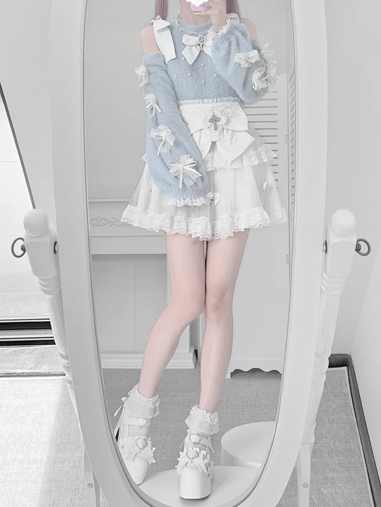 Light Blue Open Shoulder Jirai Kei Sweater - Lace Bow Sleeve with Delicate Beadwork
