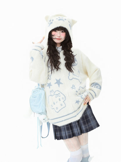 Patterns White/Black Hood Cat Animal Ear Plush Jacket with Adorable