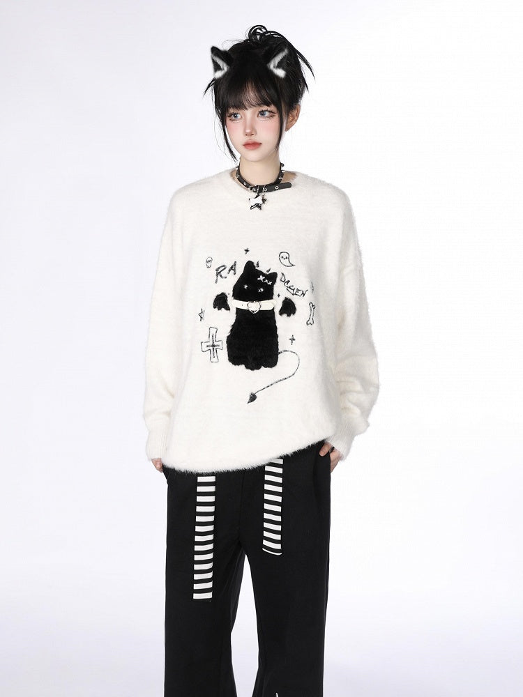 Detail Katzengürtel Pullover Kragen Strick Flockstickerei - Kawaii Weiß/Schwarz
