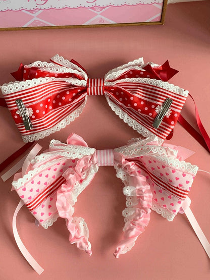 Theme Red Lolita KC Hairband Oversized Stand-Up Strawberry Striped Bowknot / Sweet