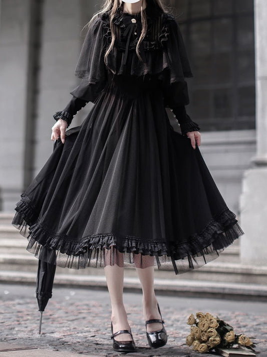 Dot All-Black Dress Cape Kuro Lolita with Dark Elegant Design Tulle