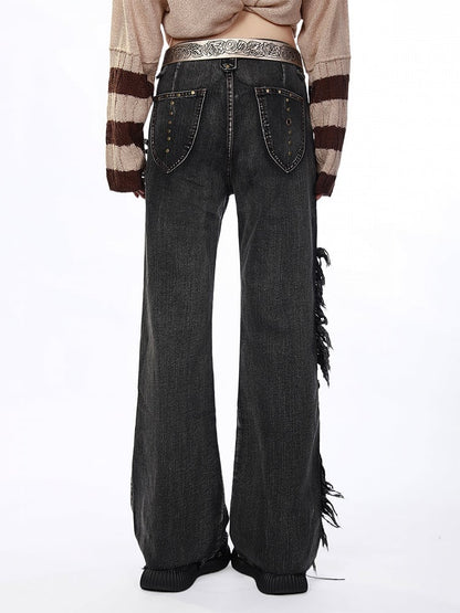 Gray Flared Wide-Leg Jeans with Distressed  Raw Hem Details