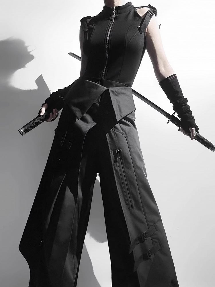 Schwarze Hose All + Techwear Top Set Ouji - Gürtel Ärmellos Mode Vollschürze Gothic