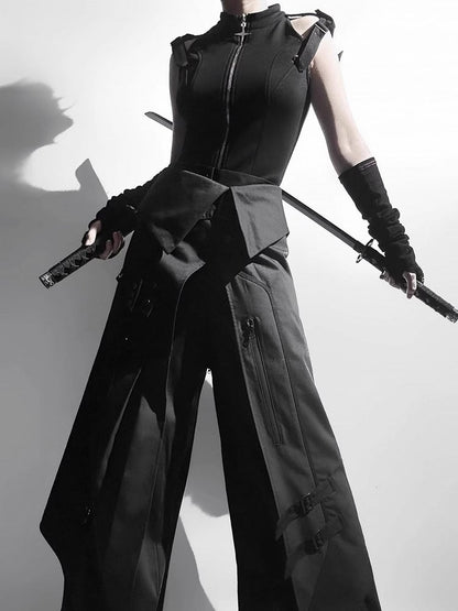 Techwear Buckle Sleeveless Top Black Shoulders Strap