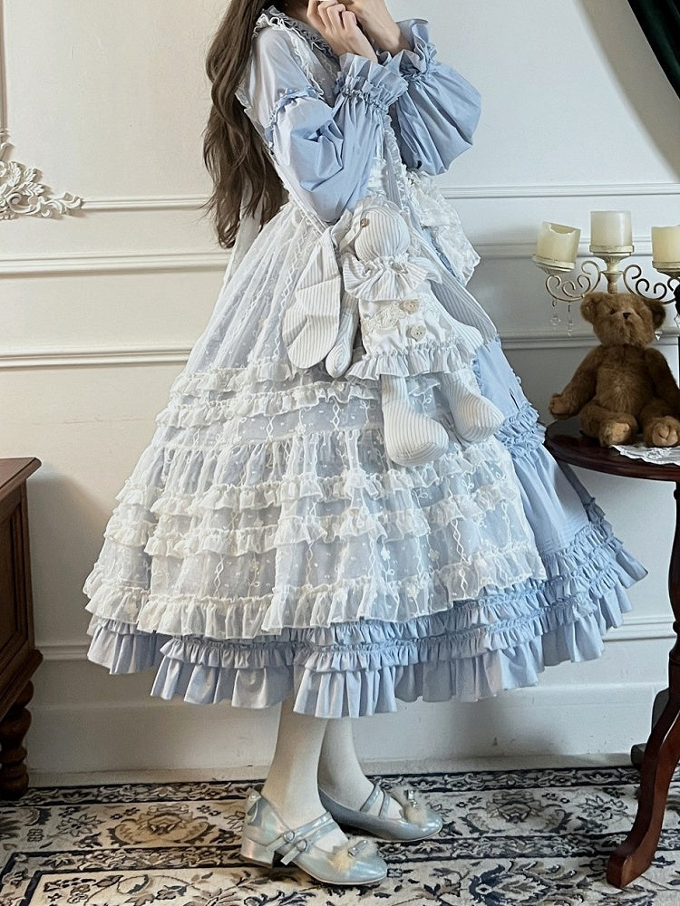 Elegant Dress Sleeves Long Lolita Button-Front with Blue Detail Ruffle Tiered
