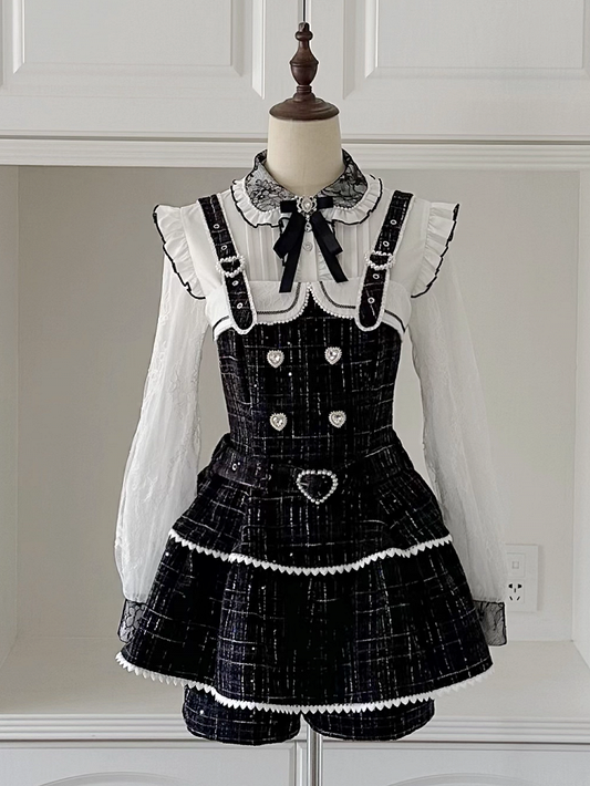 Tweed Jirai Dress Beaded Set: Heart Clasps Strap Overall Black Kei