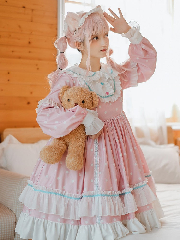 Polka Pink with Dress Ruffle Long Dot Sweet Sleeve Lolita OP Details