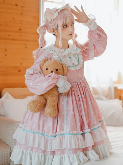 Polka Pink with Dress Ruffle Long Dot Sweet Sleeve Lolita OP Details