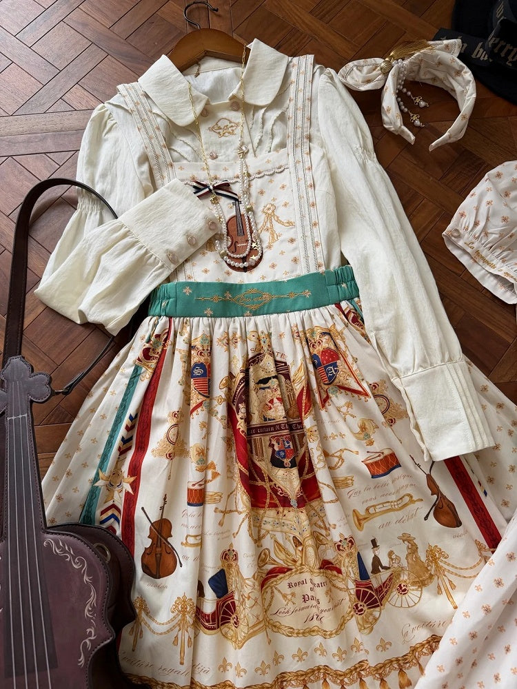 White Musical Print Overall Dress with Detachable Straps - Crucis Universal Tailor Company
