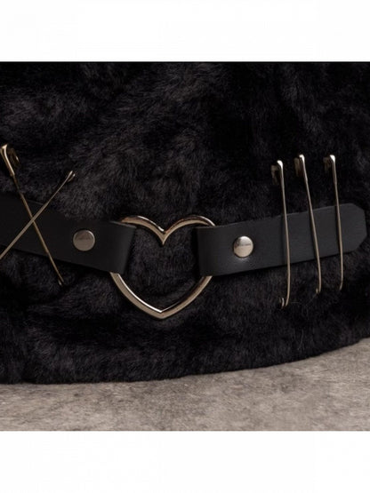 Black Punk Plush Cat Ear Hat with Metal Buckle - Strange Sugar